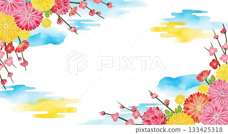 華麗明亮的日式邊框背景,兩側飾有水彩花卉圖案 華麗明亮的日式邊框背景,兩側飾有水彩花卉圖案 133425318