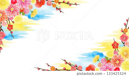 華麗明亮的日式邊框背景,兩側飾有水彩花卉圖案 華麗明亮的日式邊框背景,兩側飾有水彩花卉圖案 133425324