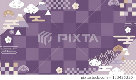 A calm Japanese-style frame background with a purple checkered pattern and scattered Mt. Fuji and plum blossoms A calm Japanese-style frame background with a purple checkered pattern and scattered Mt. Fuji and plum blossoms 133425330
