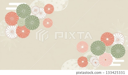 An elegant and soft Japanese-style background design featuring Japanese flowers on a pale beige background 133425331