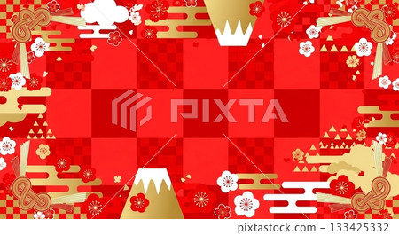 A gorgeous Japanese-style background featuring a red and gold checkered pattern, Mt. Fuji, and Mizuhiki ornaments A gorgeous Japanese-style background featuring a red and gold checkered pattern, Mt. Fuji, and Mizuhiki ornaments 133425332