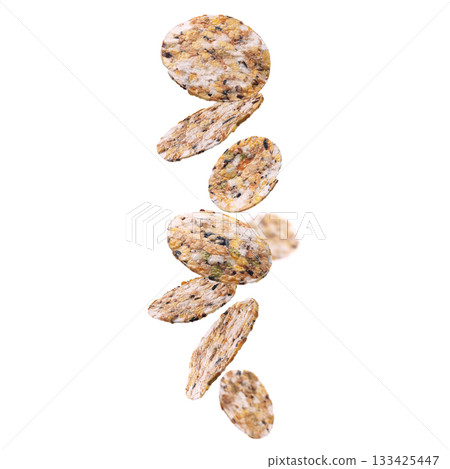 Round Crispbread levitate on a white background Round Crispbread levitate on a white background 133425447