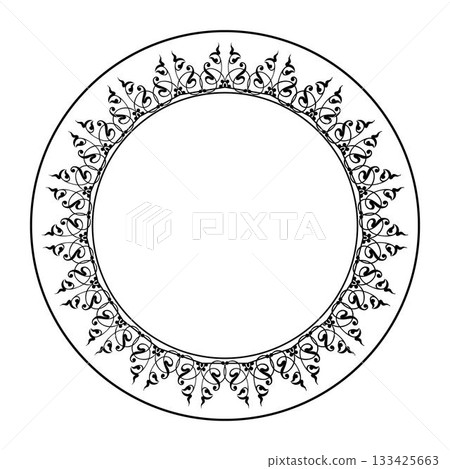 Oriental round frame with floral motifs. Beautiful round frame arabesques. Vintage, ethnic vector frame with arabesques EPS. Pattern frame for round surfaces, household utensils, textiles, plate Oriental round frame with floral motifs. Beautiful round frame arabesques. Vintage, ethnic vector frame with arabesques EPS. Pattern frame for round surfaces, household utensils, textiles, plate 133425663