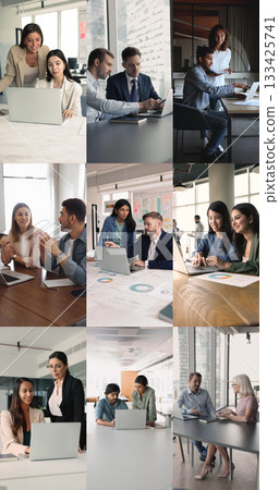 Different co-workers engaged in teamwork in office, collage view Different co-workers engaged in teamwork in office, collage view 133425741