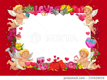 Valentine day holiday frame with cherub cupid angels and gifts, vector greeting card. Valentine day, wedding or marriage frame with golden rings and flowers, heart balloons and cheerful cupids Valentine day holiday frame with cherub cupid angels and gifts, vector greeting card. Valentine day, wedding or marriage frame with golden rings and flowers, heart balloons and cheerful cupids 133426016