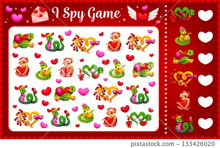 I spy game with Valentine hearts and lovely snakes. Love holiday counting vector kids game, St Valentine day object finding quiz worksheet. I spy puzzle or riddle with cute snakes cartoon characters I spy game with Valentine hearts and lovely snakes. Love holiday counting vector kids game, St Valentine day object finding quiz worksheet. I spy puzzle or riddle with cute snakes cartoon characters 133426020
