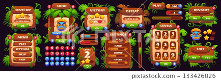 Game interface with cartoon jungle rain forest asset. Vector UI wooden board, liana vine decorations and tropical jungle buttons. Game interface shop screen panel, level selector and progress bar Game interface with cartoon jungle rain forest asset. Vector UI wooden board, liana vine decorations and tropical jungle buttons. Game interface shop screen panel, level selector and progress bar 133426026