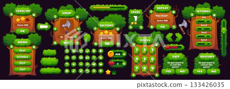 Green forest game interface asset with vector GUI elements of leafy buttons, tree panels, icons and interface menu. Forest game level selection, shop, victory defeat screen, progress bar and sliders 133426035