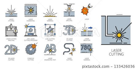 Laser cutting line icons of vector cut machines with beams. Metal and steel cutters outline symbols of metalwork industry equipment. Laser etching, engraving, marking, drilling and cnc cutting program Laser cutting line icons of vector cut machines with beams. Metal and steel cutters outline symbols of metalwork industry equipment. Laser etching, engraving, marking, drilling and cnc cutting program 133426036