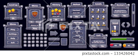 Stone game interface rock stony GUI asset. Vector rock framed interface menu, stone buttons, shield icons, sliders and progress bar. Game level selector and score panel, rewards, victory defeat screen Stone game interface rock stony GUI asset. Vector rock framed interface menu, stone buttons, shield icons, sliders and progress bar. Game level selector and score panel, rewards, victory defeat screen 133426042
