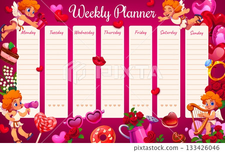 Weekly planner schedule with valentines day characters. Vector romantic organizer template for each day notes and plans with flowers, cherubs, hearts, and love themed decorations on pink background 133426046