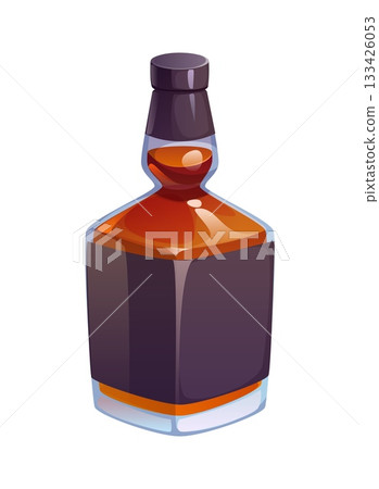 Cartoon alcohol drink or beverage. Dark liquor bottle with a square glass base, deep amber liquid, and black cap. Vector container representing luxury alco beverage packaging and strong drink branding Cartoon alcohol drink or beverage. Dark liquor bottle with a square glass base, deep amber liquid, and black cap. Vector container representing luxury alco beverage packaging and strong drink branding 133426053