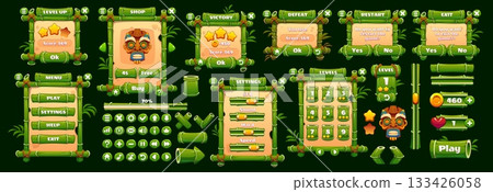 Bamboo forest game interface vector GUI asset. Cartoon jungle interface bamboo frames, tiki masks, wooden buttons and green panels, game menu board and level selections, shop and victory defeat screen Bamboo forest game interface vector GUI asset. Cartoon jungle interface bamboo frames, tiki masks, wooden buttons and green panels, game menu board and level selections, shop and victory defeat screen 133426058