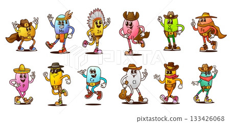 Cartoon groovy micronutrient and vitamin characters. Funky groovy pills vector personages of multivitamin Wild West cowboy, sheriff and Western bandit. Retro groovy vitamin characters with cowboy hats 133426068
