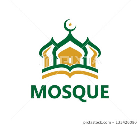 Islamic Muslim mosque graphic icon or label. Arab mosque school symbol, Muslim culture library abstract vector emblem. Islamic religion center sign or icon with minaret tops, crescent and typography 133426080