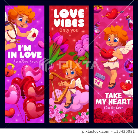 Valentine day banners with love cupid characters for holiday, vector greetings. Valentine day cherub angels with arrow in heart, harp and love message envelope on pink clouds with balloons and flowers 133426081
