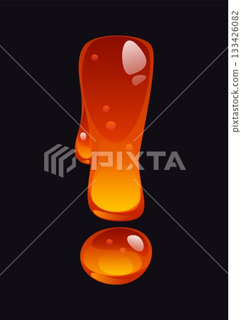 Sweet honey cartoon font punctuation exclamation mark. Sweet candy English alphabet typeface special symbol, tasty amber vector font element. Liquid caramel ABC type mark or honey typeset sign 133426082