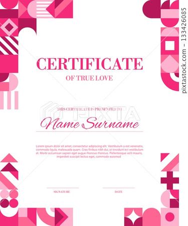Valentines day vertical certificate with geometric shapes. Vector love diploma template, retro modern minimalistic romantic layout with abstract pattern framing the corners in shade of pink and maroon Valentines day vertical certificate with geometric shapes. Vector love diploma template, retro modern minimalistic romantic layout with abstract pattern framing the corners in shade of pink and maroon 133426085