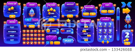 Space game interface galaxy asset. Vector UI neon buttons, glowing panels, menu frame, shop and sliders. Cartoon space game victory defeat screen, galaxy star scoreboard and interface settings board Space game interface galaxy asset. Vector UI neon buttons, glowing panels, menu frame, shop and sliders. Cartoon space game victory defeat screen, galaxy star scoreboard and interface settings board 133426088