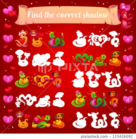Find a correct shadow of valentine lovely snakes. Love holiday silhouette find quiz vector worksheet, similarity search kids game. St Valentine day puzzle with cheerful asian snakes characters Find a correct shadow of valentine lovely snakes. Love holiday silhouette find quiz vector worksheet, similarity search kids game. St Valentine day puzzle with cheerful asian snakes characters 133426092