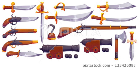 Cartoon pirate weapons set of vintage muskets and pistols, corsair hook, swords and dagger, sabers, axe and cannon. Vector old weaponry, pirate naval boarding artillery, firearms and combat weapons Cartoon pirate weapons set of vintage muskets and pistols, corsair hook, swords and dagger, sabers, axe and cannon. Vector old weaponry, pirate naval boarding artillery, firearms and combat weapons 133426095