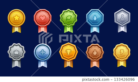 Game rank badge shields, level achievement medals with skills, vector UI icons. Golden award, silver medal, bronze and color metal game rank badges with star, heart, trophy and fire, crown and key 133426096