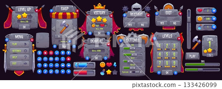 Medieval royal knight game interface asset. Vector UI stone board, sword and shield decorated menu. Royal game interface cartoon banners and medieval castle shop panel, victory screen and progress bar Medieval royal knight game interface asset. Vector UI stone board, sword and shield decorated menu. Royal game interface cartoon banners and medieval castle shop panel, victory screen and progress bar 133426099