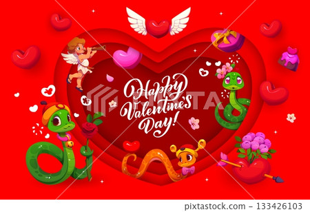 Paper cut Valentines day greeting card featuring a deep red layered heart background with romantic cartoon snakes, cupid playing a flute and love themed elements like chocolate, roses, hearts or gifts 133426103