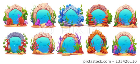 Game underwater sea portals, magic stone gates and doors, vector game assets set. Cartoon magic portals to fantasy underwater world with stone door frames, blue water, fish, seaweeds and corals Game underwater sea portals, magic stone gates and doors, vector game assets set. Cartoon magic portals to fantasy underwater world with stone door frames, blue water, fish, seaweeds and corals 133426110