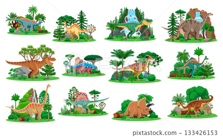 Prehistoric dinosaur characters in natural landscape with lush greenery and rocks. Cartoon vector species of ancient reptile creatures, Jurassic era animals in jungle forest with plants and waterfalls Prehistoric dinosaur characters in natural landscape with lush greenery and rocks. Cartoon vector species of ancient reptile creatures, Jurassic era animals in jungle forest with plants and waterfalls 133426153