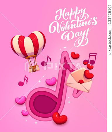 Paper cut valentines day greeting card with music notes. Vector banner with cartoon hot air balloon, flying musical notes, hearts and love letter on pink background exuding romance and festive joy Paper cut valentines day greeting card with music notes. Vector banner with cartoon hot air balloon, flying musical notes, hearts and love letter on pink background exuding romance and festive joy 133426163
