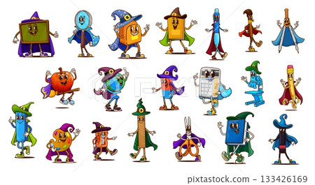 Halloween groovy school supply characters of retro hippie stationery vector personages in witch and wizard hats. Cartoon y2k book, pencil, pen and ruler. Funny groovy globe and calculator characters Halloween groovy school supply characters of retro hippie stationery vector personages in witch and wizard hats. Cartoon y2k book, pencil, pen and ruler. Funny groovy globe and calculator characters 133426169