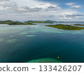 Lush green islands surrounded by shallow turquoise waters and coral patches under partly cloudy skies. 133426207