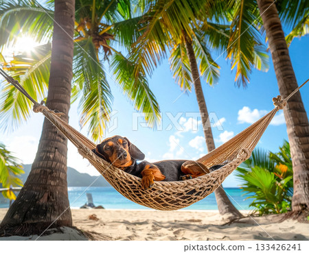 夏日海邊景色，一隻狗睡在熱帶吊床上。 133426241