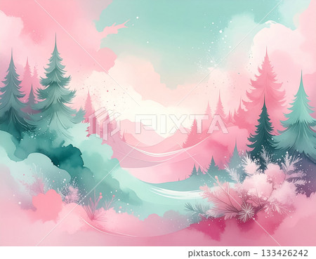 A fantastical forest landscape in pale pink and mint 133426242