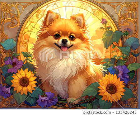 一幅生動的博美犬肖像，周圍環繞著花朵。 133426245