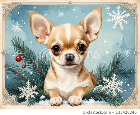 冬季插畫：一隻吉娃娃被雪和針葉樹環繞 133426246