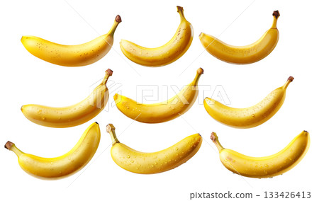 Set of yellow bananas with water droplets, isolated on white background 133426413