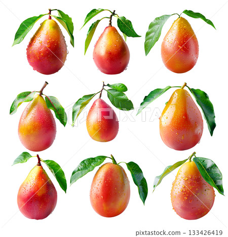 Set of mango with green leaves and water drops isolated on white transparent background 133426419