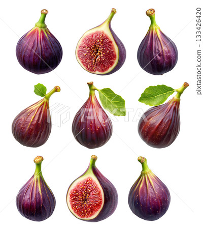 Set of fresh fig and halved fig showing its vibrant interior with green leaf isolated on white transparent background Set of fresh fig and halved fig showing its vibrant interior with green leaf isolated on white transparent background 133426420