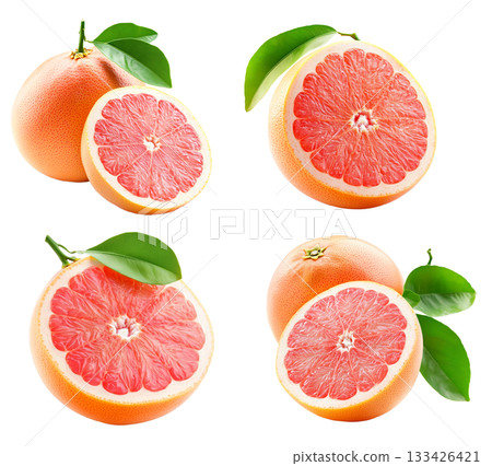 Set of grapefruit with green leaves isolated on white transparent background. Concept of healthy citrus fruit Set of grapefruit with green leaves isolated on white transparent background. Concept of healthy citrus fruit 133426421