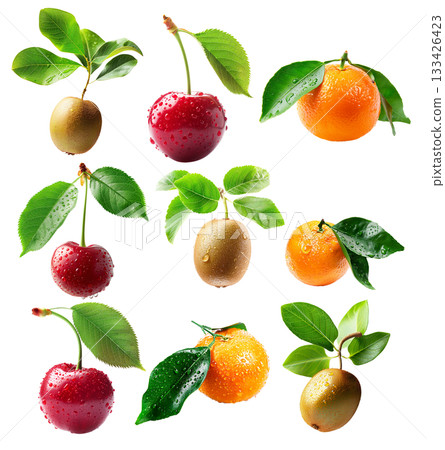 Set of kiwi, cherry and tangerine with green leaves, covered in water droplets, isolated on white transparent background Set of kiwi, cherry and tangerine with green leaves, covered in water droplets, isolated on white transparent background 133426423