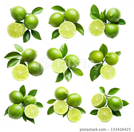 Set of green limes with fresh leaves, presented on white transparent background, freshness and citrus concept 133426425