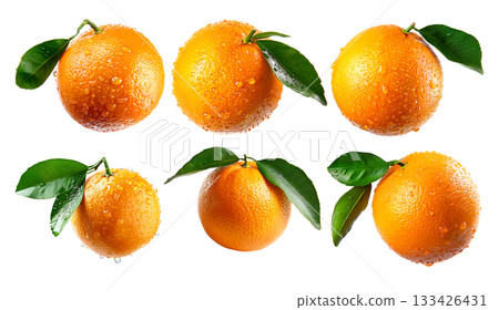Set of orange with water droplets represents natural, vibrant citrus goodness isolated on a white transparent background 133426431