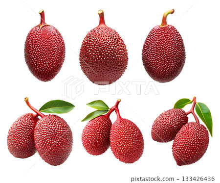 Set of lychees or salak with textured red skin and a green leaf, isolated on white transparent background Set of lychees or salak with textured red skin and a green leaf, isolated on white transparent background 133426436