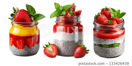 Fresh strawberry chia pudding in glass jar topped with mint leaves, isolated on white transparent background Fresh strawberry chia pudding in glass jar topped with mint leaves, isolated on white transparent background 133426439