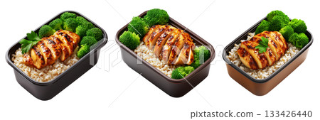 Healthy grilled chicken, brown rice, and broccoli in a black plastic meal container isolated on white transparent background Healthy grilled chicken, brown rice, and broccoli in a black plastic meal container isolated on white transparent background 133426440