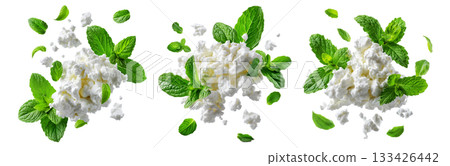 Fresh cottage cheese with green mint leaves, isolated on white background, concept of healthy food and freshness 133426442