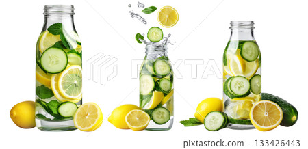 Sliced lemon, cucumber, and mint in glass jar with water splashing, isolated on white transparent background Sliced lemon, cucumber, and mint in glass jar with water splashing, isolated on white transparent background 133426443
