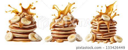 Stack of pancakes topped with banana slices and peanut butter splash isolated on white transparent background Stack of pancakes topped with banana slices and peanut butter splash isolated on white transparent background 133426449